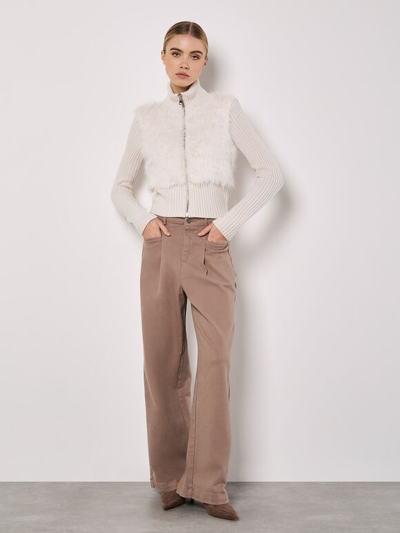 Faux Fur Ribbed Knit Cardigan, Cream, large
