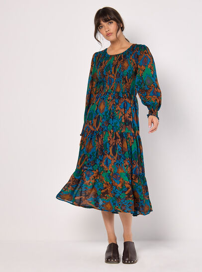 Ikat Chiffon Smocked Midi Dress