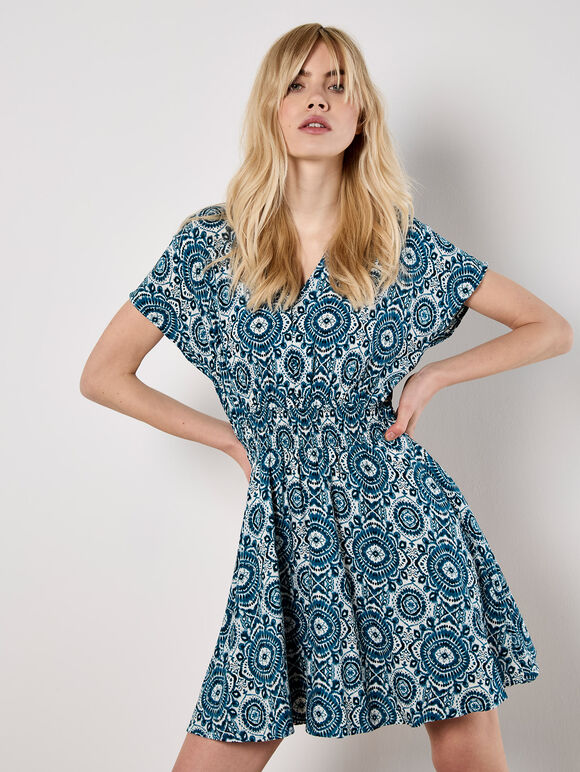 Batik Print Mini Dress, Blue, large