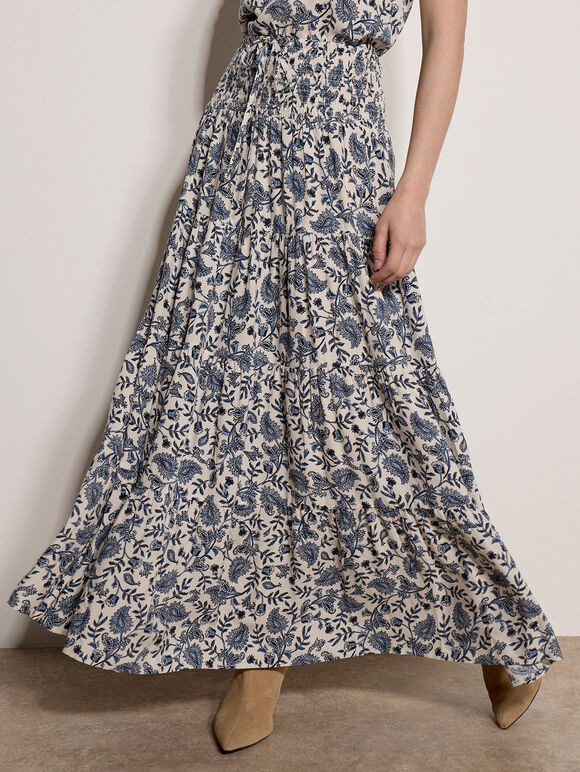 Painterly Paisley Tiered Maxi Skirt, Cream, large