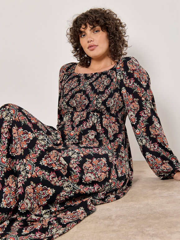 Curve Folk Diamond Smocked Midi Dress, Black, large