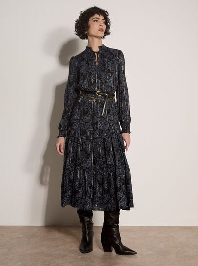 Paisley Metallic Shimmer Tiered Midi Dress