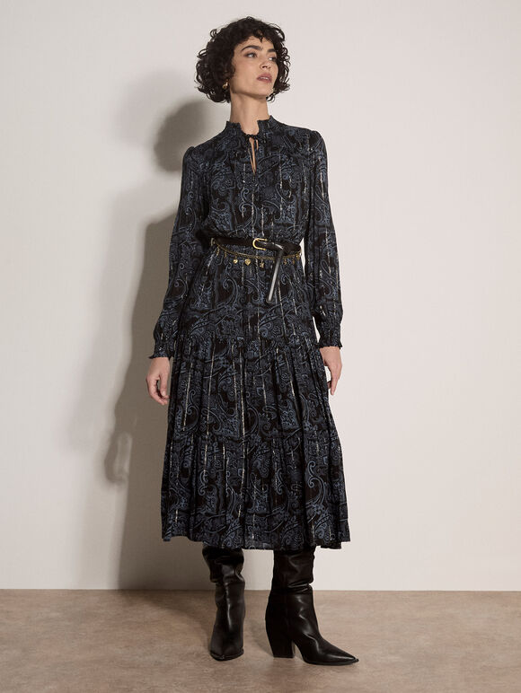 Paisley Metallic Shimmer Tiered Midi Dress, Black, large