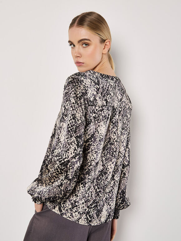 Snakeskin Hammered Satin Blouse, Grey, large