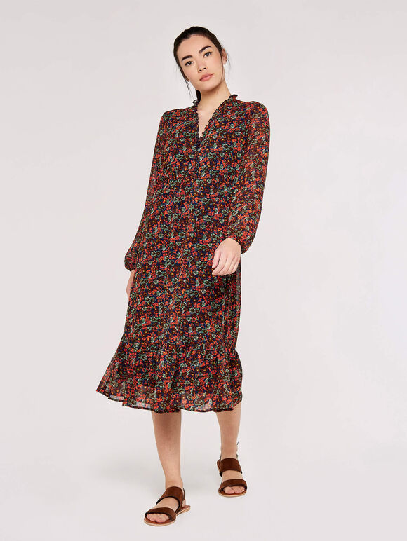 Pansy Ditsy Ruffle Dress, Navy, large