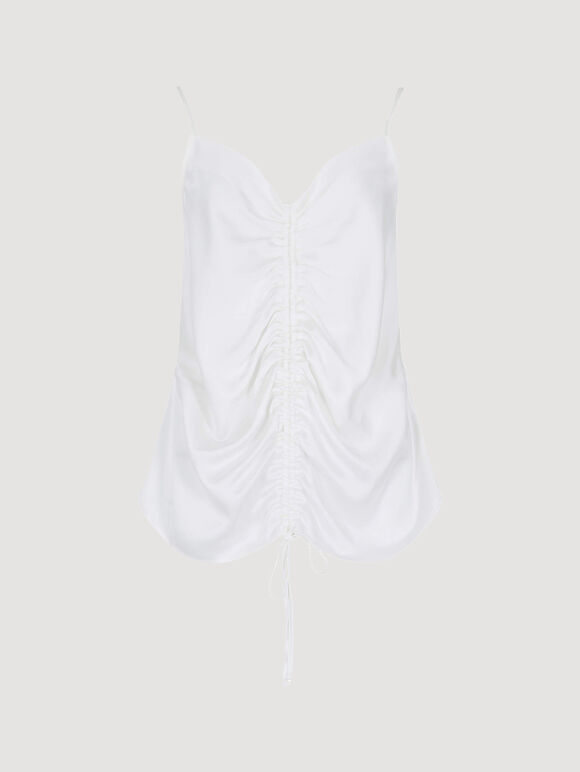 Ruched Front Satin Camisole Top, Cream, large