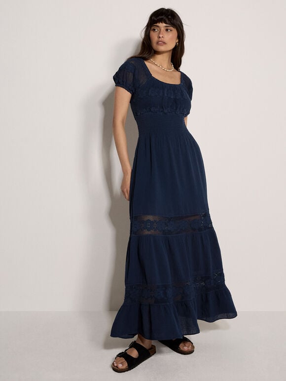 Floral Lace Milkmaid Maxi Dress, Navy, large