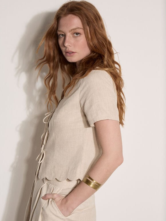 Linen Blend Tie-Up Top
, Stone, large