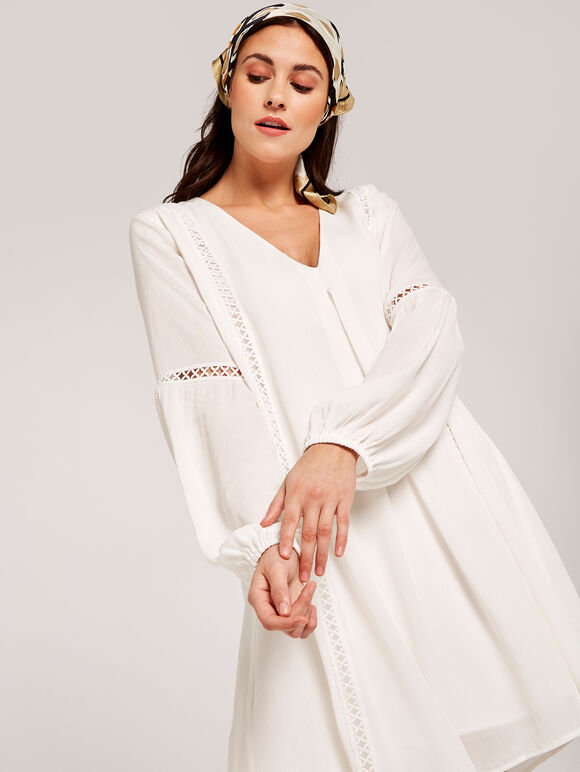 Lace Detail Smock Dress, Cream, large