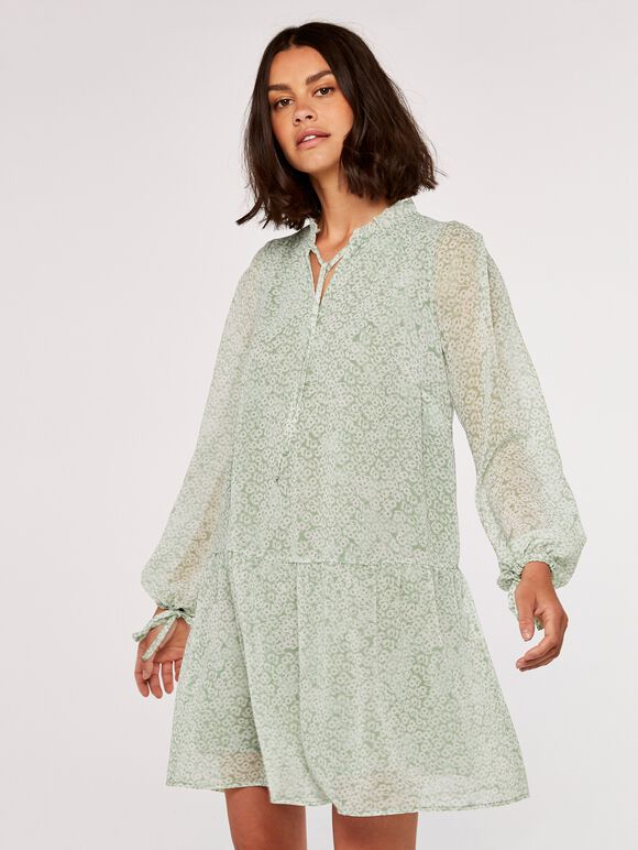 Ditsy Tie Neck Tiered Dress, Mint, large