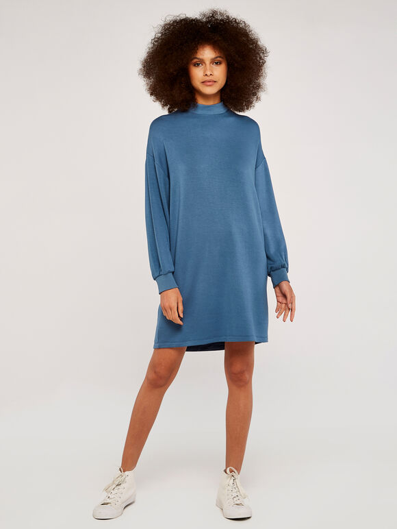 Mock Neck Jumper Mini Dress, Blue, large