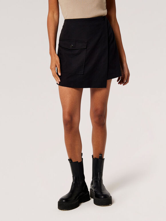 Cotton Twill Cargo Mini Skort, Black, large