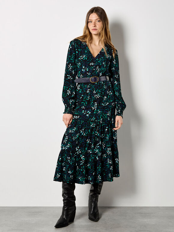 Eucalyptus Leaf Print Maxi Dress, Black, large