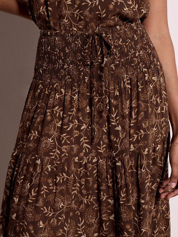 Painterly Paisley Tiered Maxi Skirt, Brown, large