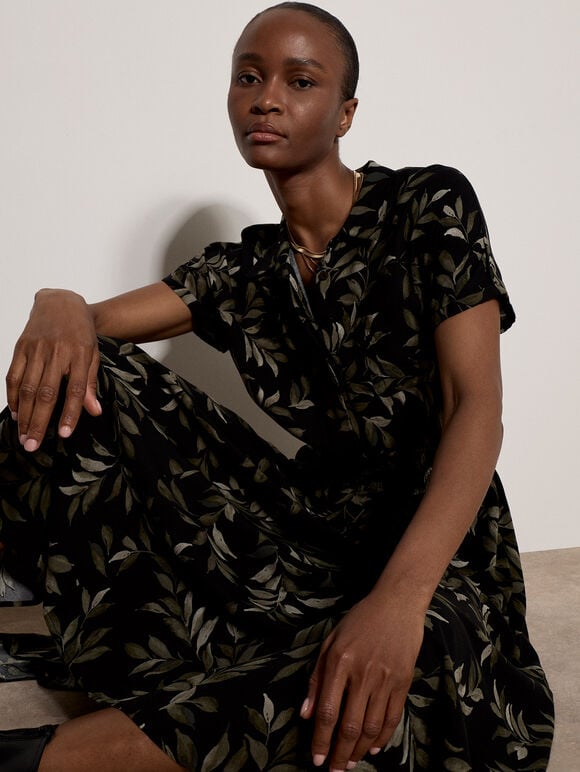 Leaf Print Shirt Midi Dress, Khaki, large