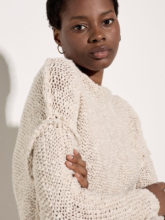 Mock Neck Textured Chunky Jumper, Stone, large