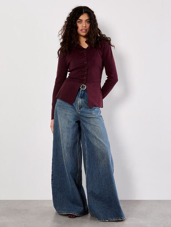 Button-Down Pleat Knit Top, Burgundy, large
