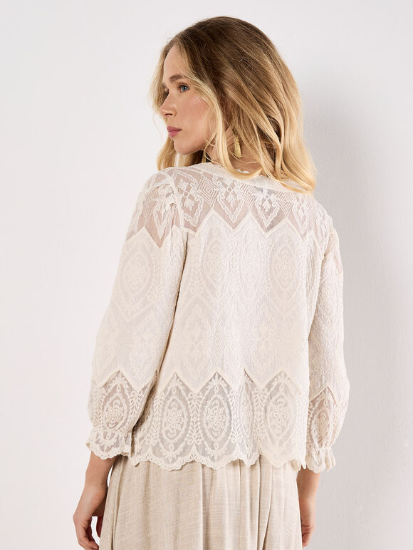Embroidered Mesh Button Down Top, Stone, large