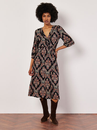 Ornate Paisley Wrap Midi Dress