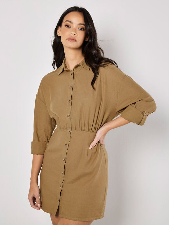 Fitted Twill Shirt Mini Dress, Stone, large