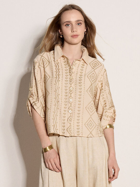 Geometric Shimmer Embroidered Shirt, Stone, large