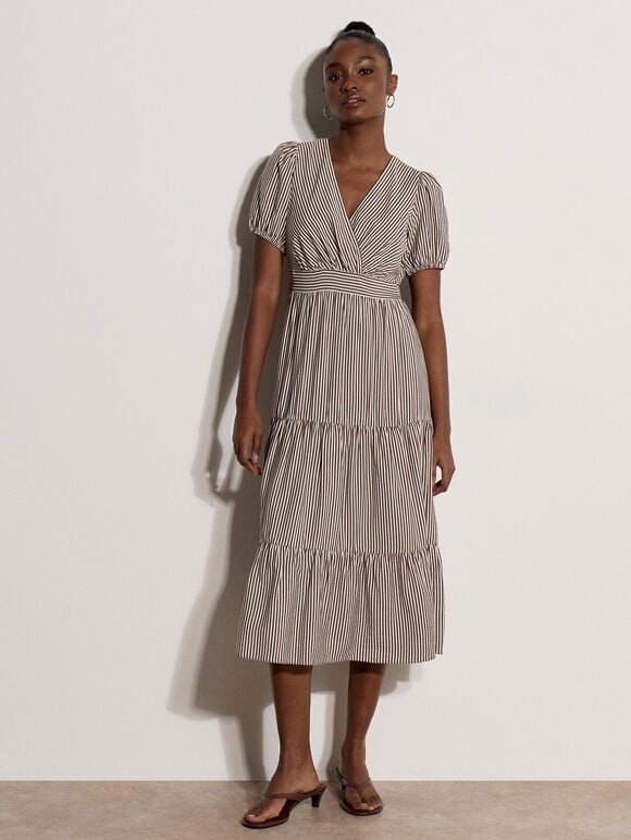 Stripe Wrap Midaxi Dress, Brown, large