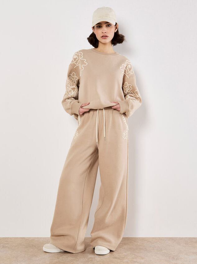 Floral Embroidered Wide Leg Joggers, Cream, large