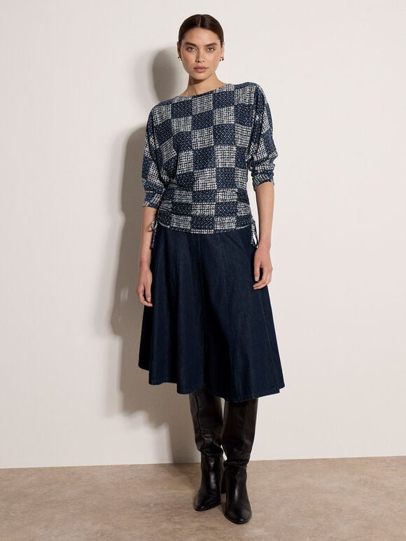 Textured Check Ruched Batwing Top, Navy, large