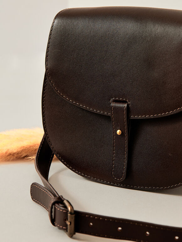 Leather Flap Crossbody Bag, Brown, large