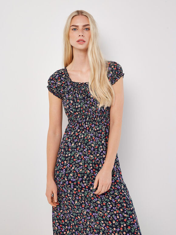 Garden Floral Milkmaid Midi Dress, Navy, large