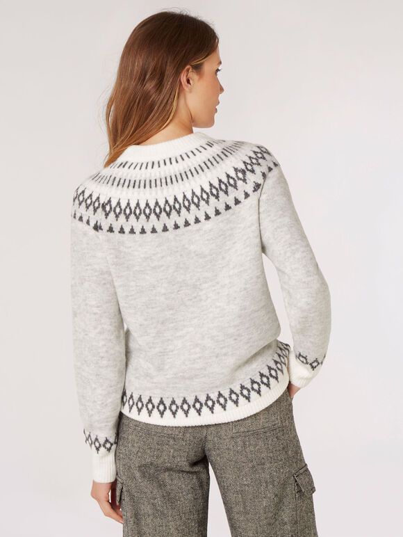 Fair-Isle-Pullover mit Edelsteinverzierung, Grau, Größe L