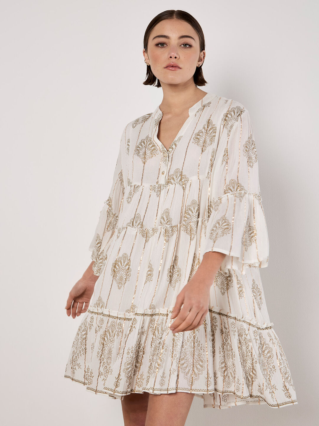 Metallic Paisley Tiered Tunic Mini Dress