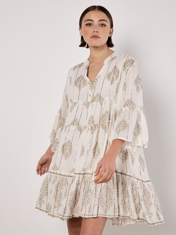 Metallic Paisley Tiered Tunic Mini Dress, Cream, large