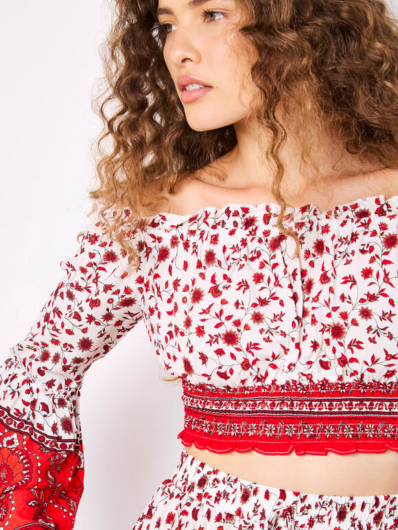 Sarasa Floral Cropped Milkmaid Top, White, large