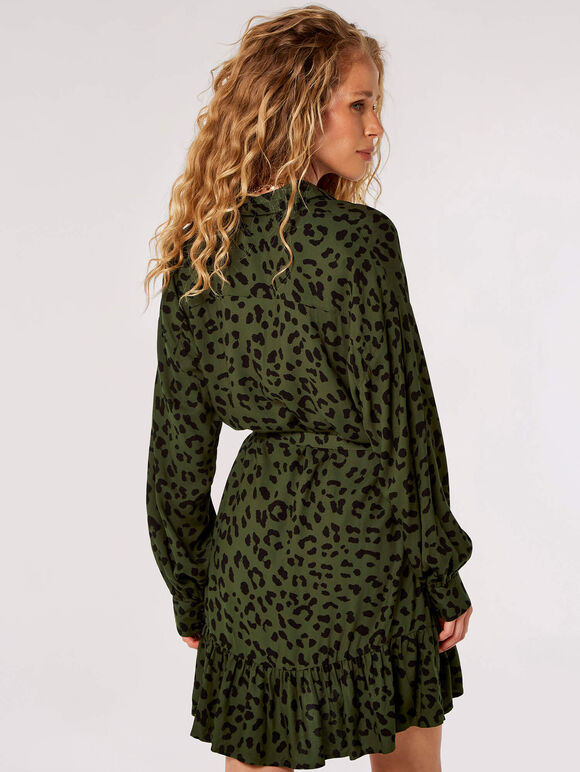 Leopard Print Shirt Mini Dress, Green, large