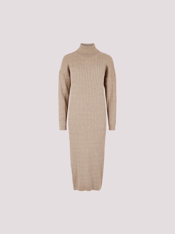 Roll Neck Kntted Midi Dress, Stone, large