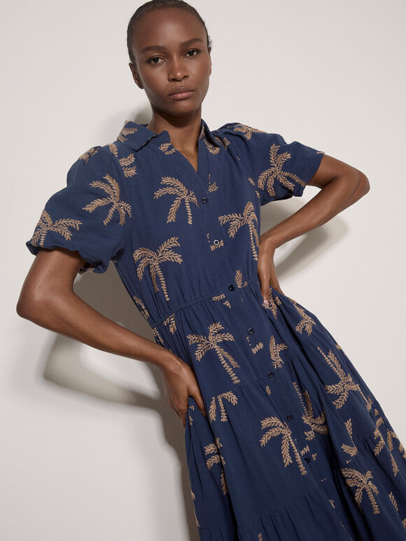 Embroidered Palms Cotton Midi Dress, Blue, large