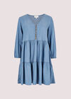 Denim Tiered Mini Dress, Blue, large