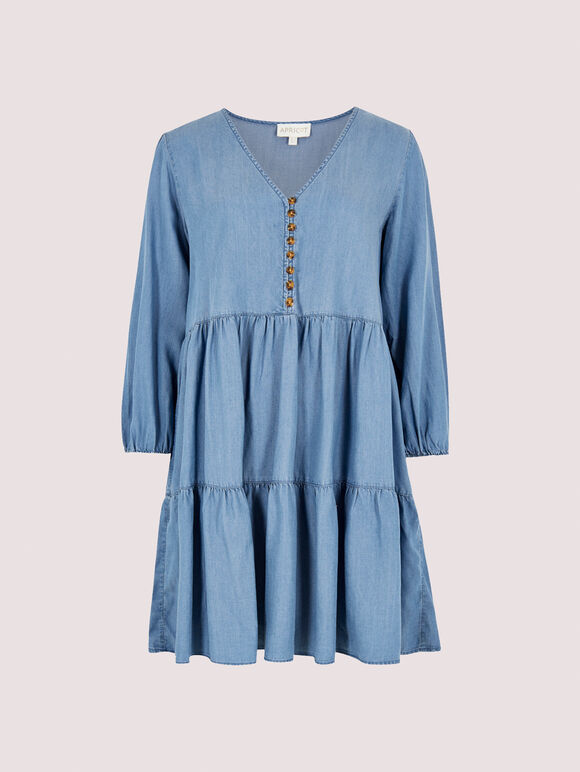 Denim Tiered Mini Dress, Blue, large