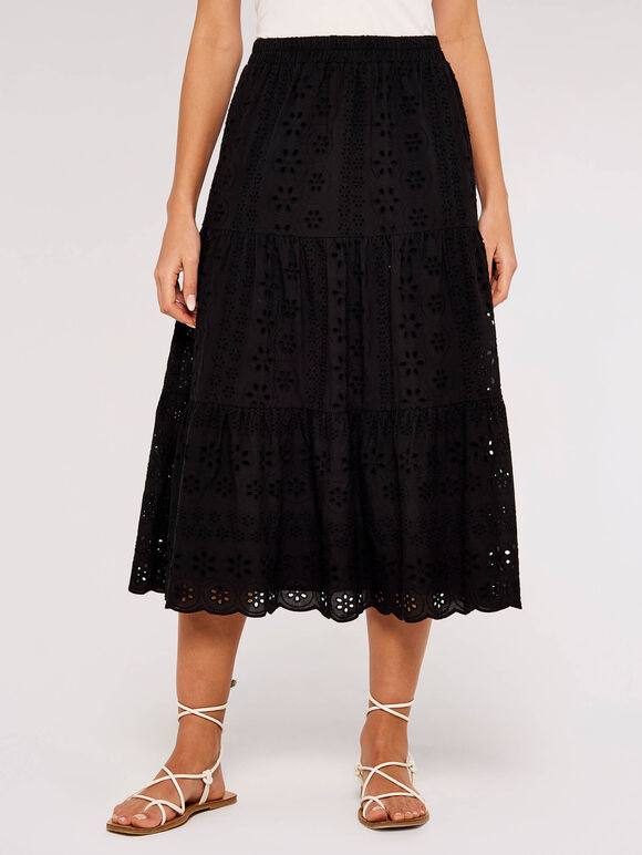 Broderie Anglaise Midi Skirt, Black, large