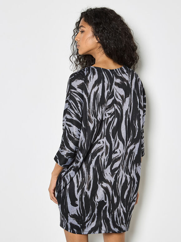 Zebra Print Knitted Cocoon Mini Dress, Grey, large
