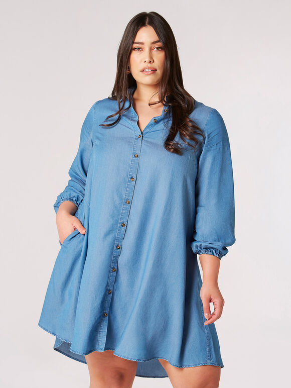 Curve Denim Shirt Mini Robe, Bleu, grand