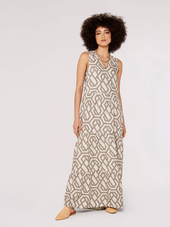 Geometric Tiered Maxi Dress, Stone, large