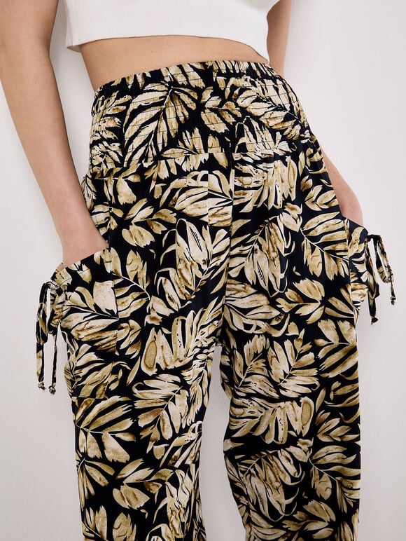 Tropical Leaf Print Tapered Joggers, Navy, large