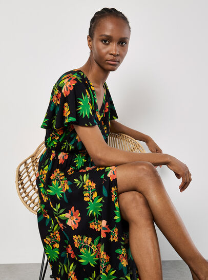 Tropical Print Wrap Maxi Dress