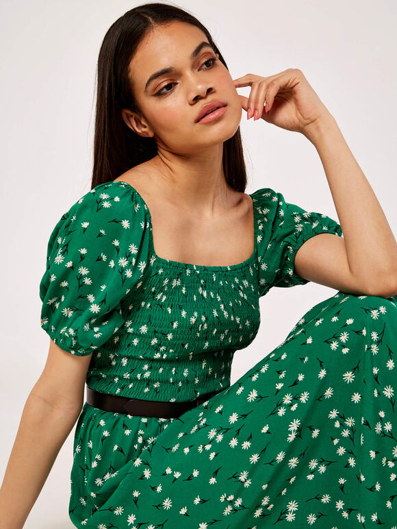 Floral Puff Sleeve Dress, Green, large