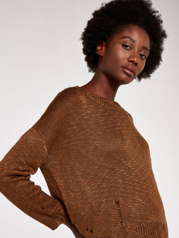 Distressed Slub Knit Jumper, Rust, large