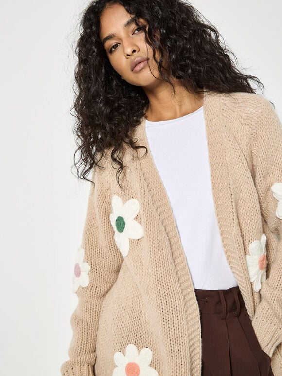 3D Daisy Chunky Knit Cardigan, Stone, large
