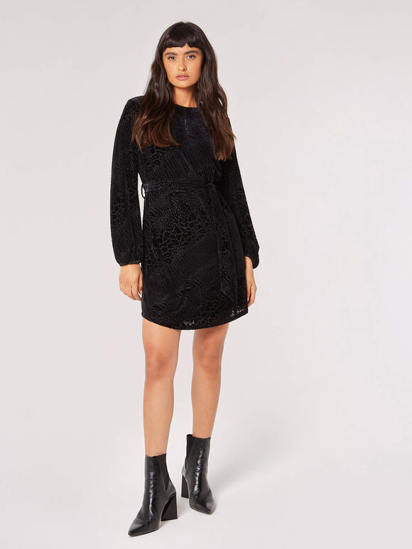 Animal Velvet Burnout Mini Dress, Black, large