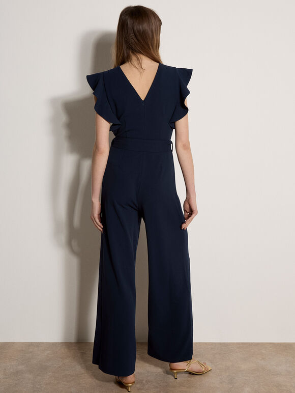 Ruffle Sleeve Jersey Jumpsuit, Navy, large